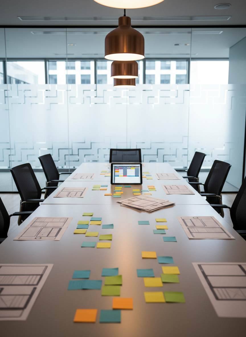 A long, clean conference table set up for a content strategy session, covered with neatly arranged color-coded sticky notes, printed wireframes without legible text, and a central tablet showing a blurred content calendar layout. Around the table are ergonomic office chairs pushed in, implying collaboration without showing people. Overhead, warm pendant lights cast soft, even illumination, creating subtle reflections on the table’s matte surface. The room features glass walls with frosted geometric patterns, hinting at a modern office environment. Captured at eye level with sharp focus throughout, the photographic image feels structured, professional, and thoughtfully organized, evoking planning, communication, and high-level editorial thinking.