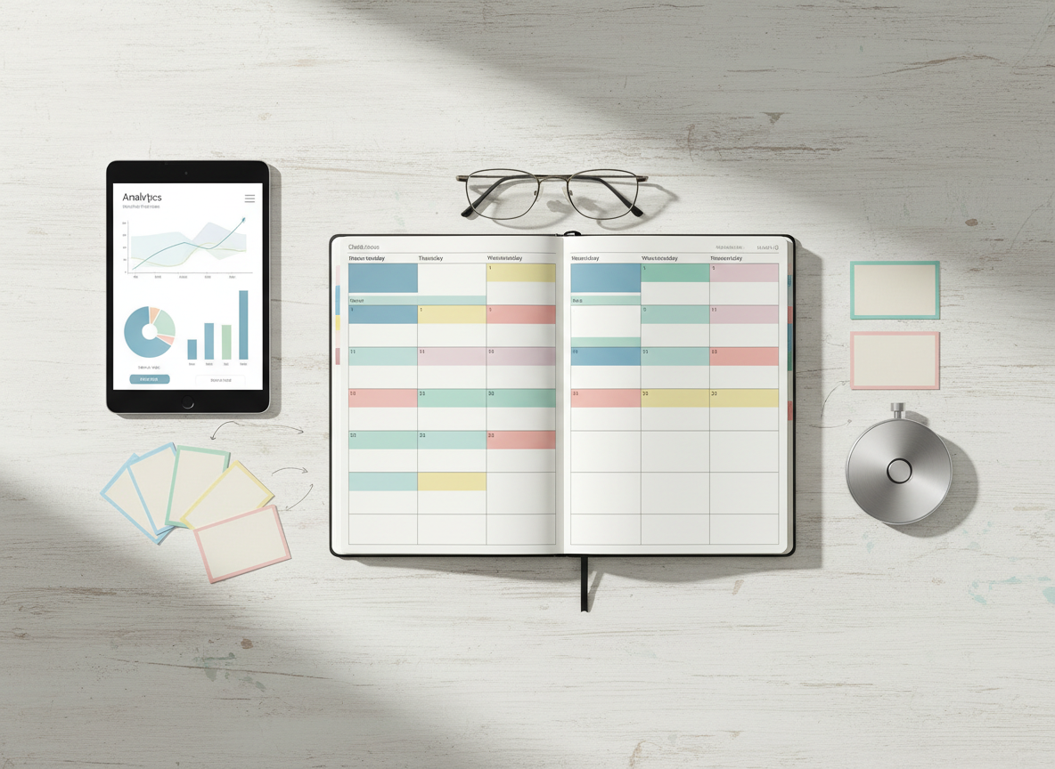 An overhead, flat-lay composition of a content planning scene on a pale wooden table: a large, undated planner opened to a weekly spread filled with blocked color shapes instead of text, a tablet showing a simplified analytics dashboard with abstract charts, and index cards arranged into clusters to represent an editorial calendar. A pair of slim, metal-framed glasses and a minimalist stopwatch add a sense of focus and timing. Soft morning light from the side casts delicate shadows and enhances the pastel color palette. The photographic realism and balanced, top-down composition create a calm, methodical atmosphere, perfectly suited to illustrating content strategy and long-term planning.