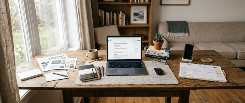 Laptop on wooden desk with coffee, notebooks, pens, plant, books, glasses, and mouse