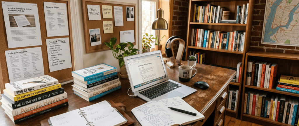 Wooden desk with laptop, notebooks, books about writing, potted plants, coffee mug, and headset